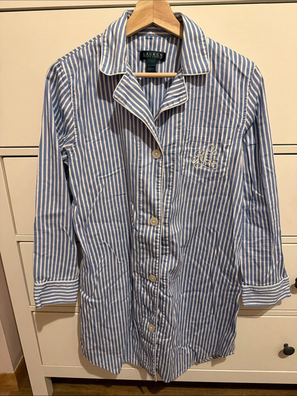 Lauren Ralph Lauren Blue and White Striped Casual Button-Down Nightgown